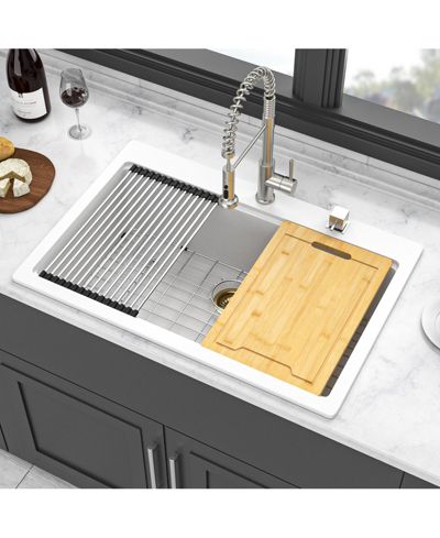 flynama 33x22x9.65inch White Quartz Composite Kitchen Sink Workstation Drop In Granite