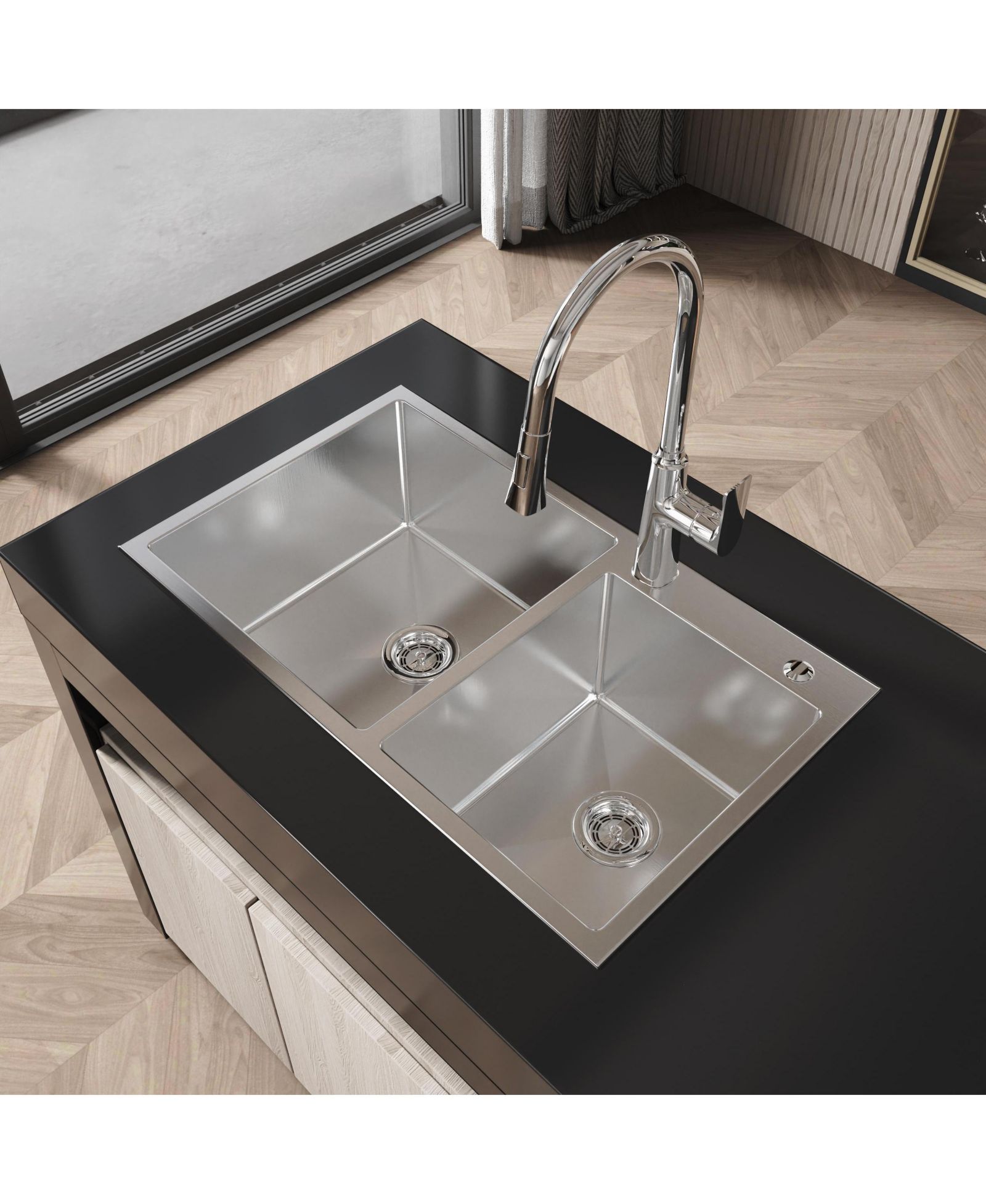 flynama 32inch Overmount Double Bowl Brushed Nickel 304 Stainless Steel Handmade Kitchen Sink LS SSBR03 with US Standard Drain and Hook