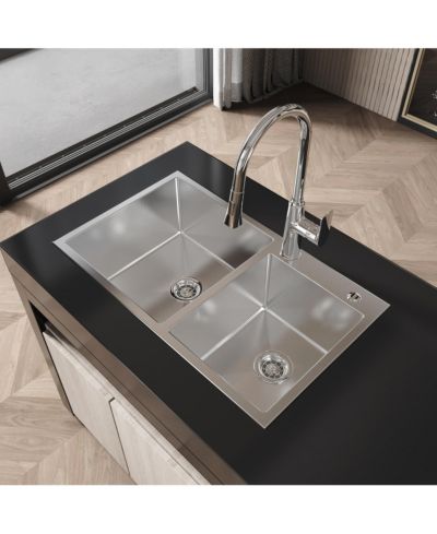 flynama 32inch Overmount Double Bowl Brushed Nickel 304 Stainless Steel Handmade Kitchen Sink LS SSBR03 with US Standard Drain and Hook