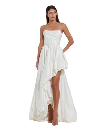 Mac Duggal вечернее платье Petite Strapless High-Low из атласа с драпированной юбкой