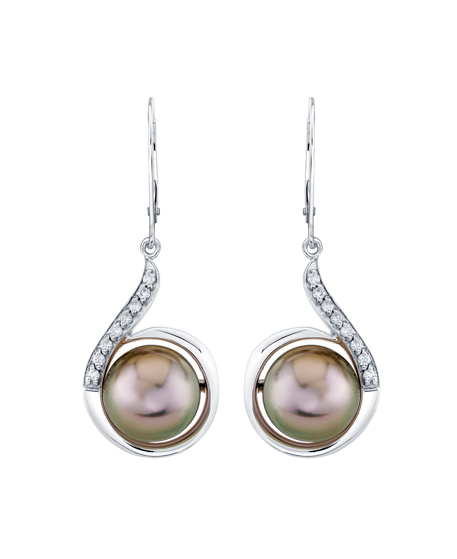 Серьги с таитянской жемчугом (10mm) и бриллиантами (1/6 ct. t.w.) в стерлинговом серебре