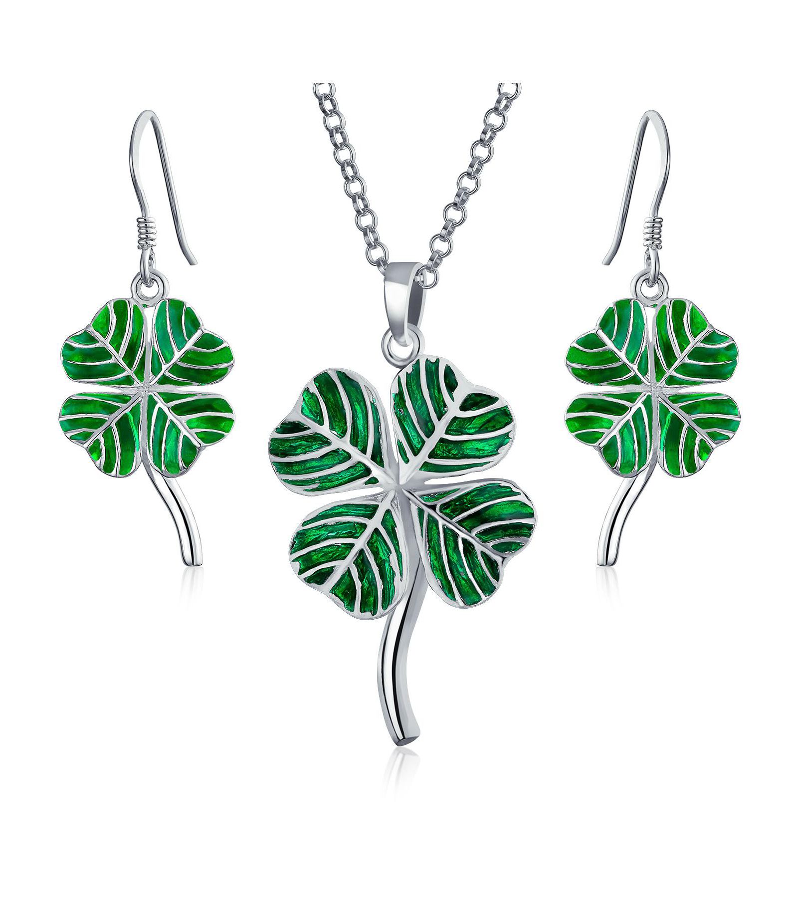 Bling Jewelry Good Luck Charm Green Clover Earrings Pendant Jewelry Set .925 Sterling Silver