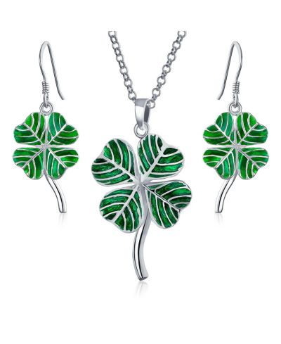 Bling Jewelry Good Luck Charm Green Clover Earrings Pendant Jewelry Set .925 Sterling Silver