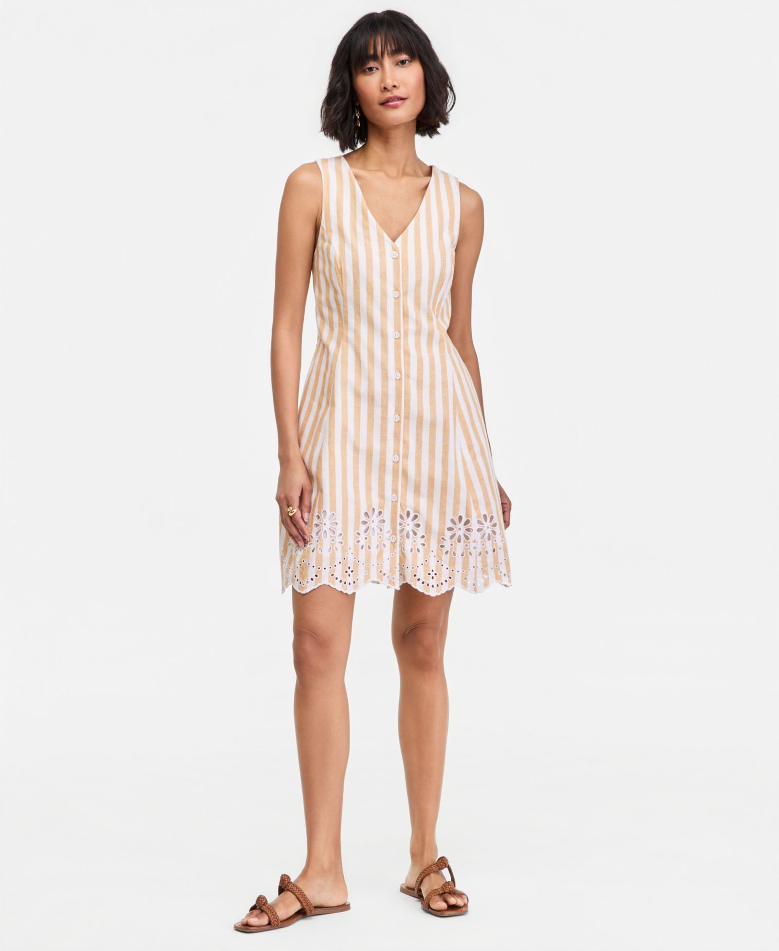 On 34th Women's Striped Linen Blend Embroidered Button-Front Mini Dress, Macy's Exclusive