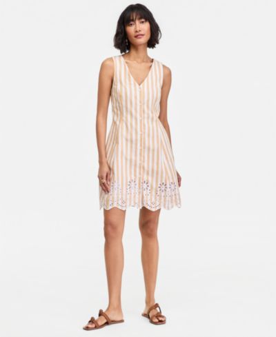 On 34th Women's Striped Linen Blend Embroidered Button-Front Mini Dress, Macy's Exclusive
