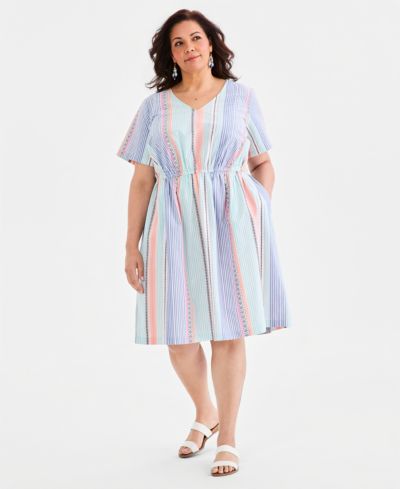 Style & Co Plus Size Printed Cotton V-Neck Dress, Macy's Exclusive