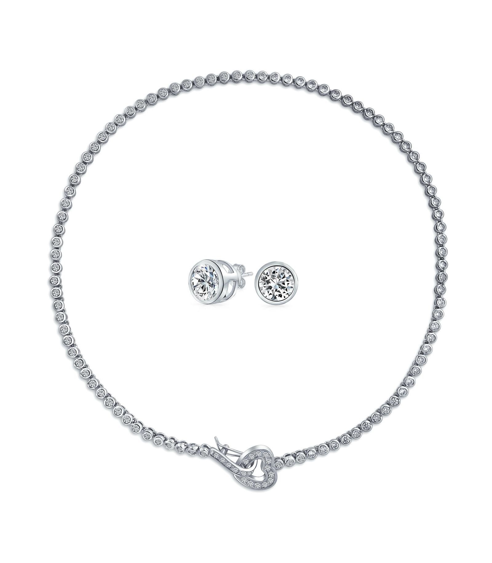 Bling Jewelry Heart Clasp CZ Cubic Zirconia Bezel Set Tennis Necklace Stud Earrings Collar Jewelry Set