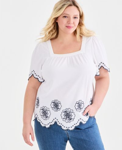 Style & Co Plus Size Scallop Embroidered-Trim Square-Neck Top, Macy's Exclusive