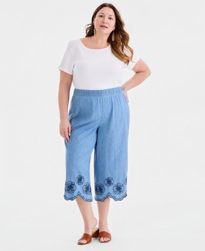 Style & Co Plus Size Брюки-капри из хлопка Chambray с вышивкой на подоле