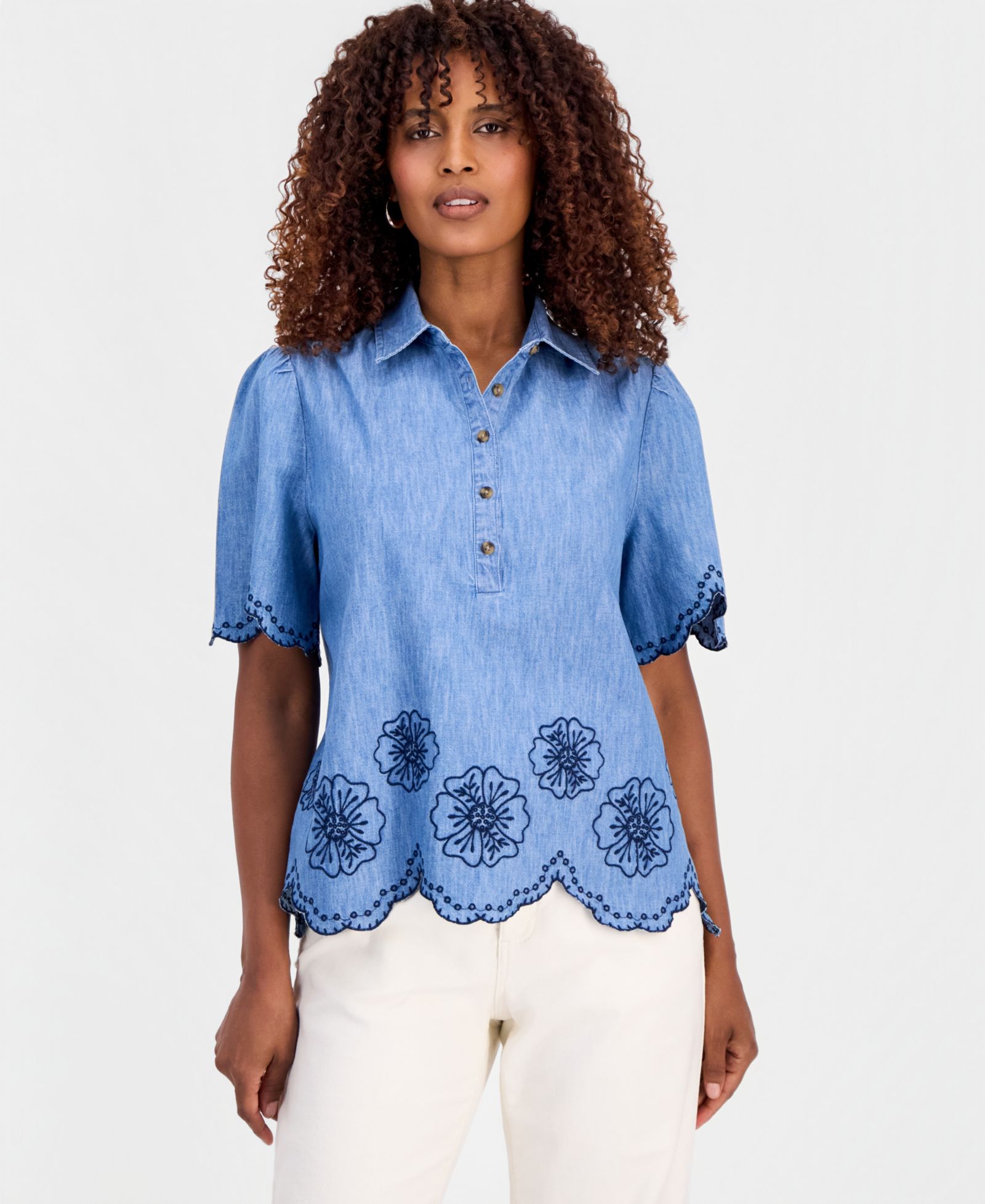 Женская рубашка Style & Co Cotton Chambray Embroidered-Trim