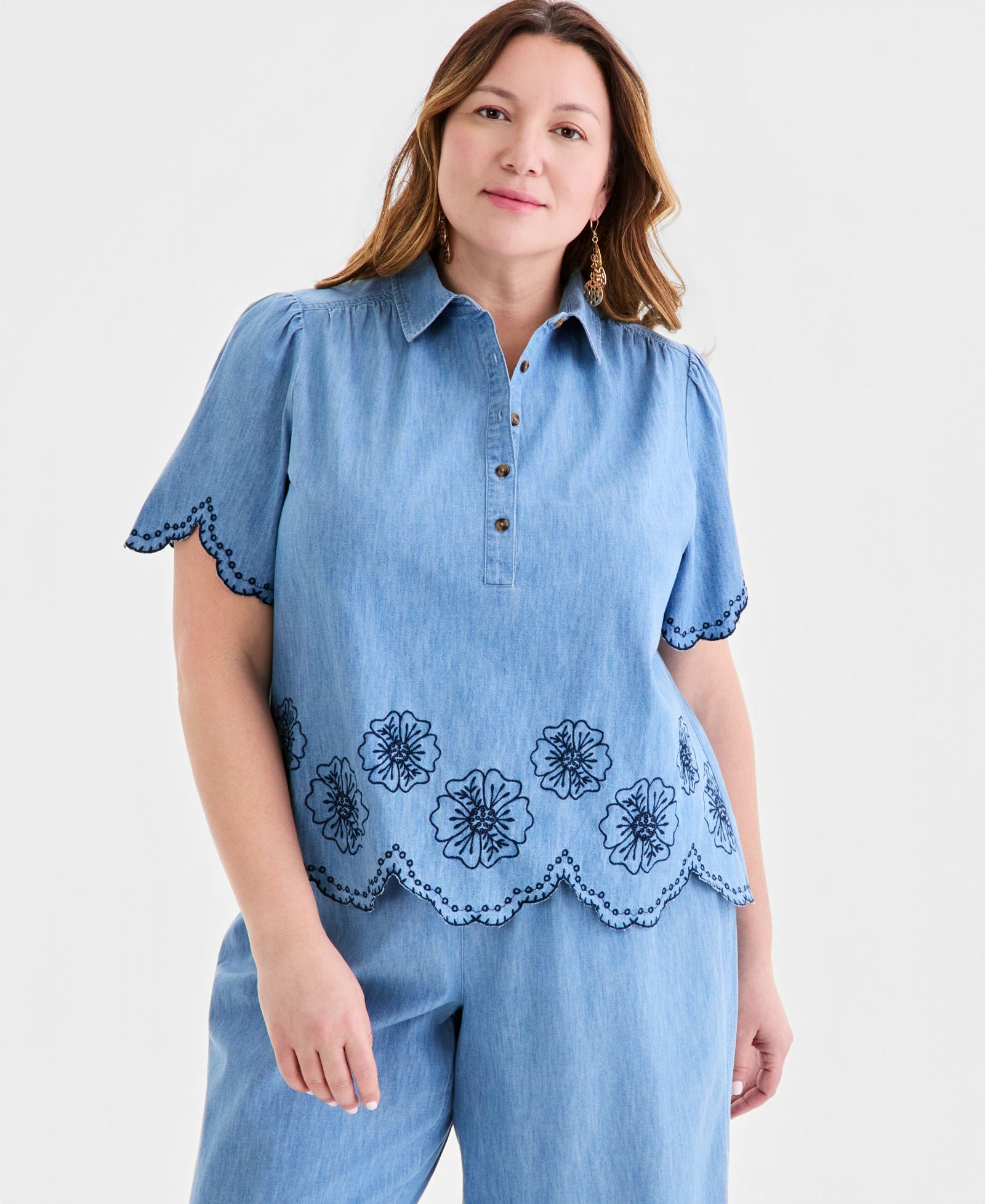 Style & Co Plus Size Scallop Embroidered-Trim Eyelet Shirt, Macy's Exclusive