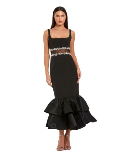 Mac Duggal Petite Crepe Midi Dress with Jewel Detail & Ruffle Hem