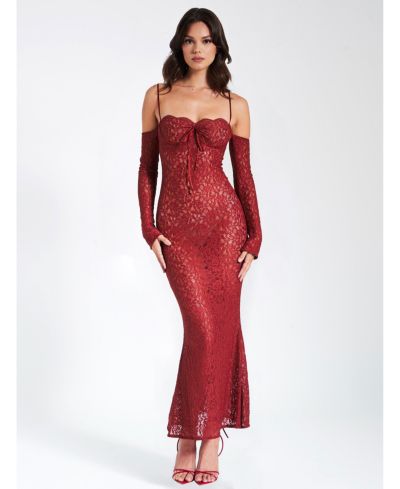 Miss Circle Women's Udaya Burgundy Lace Long Sleeve Maxi Dress