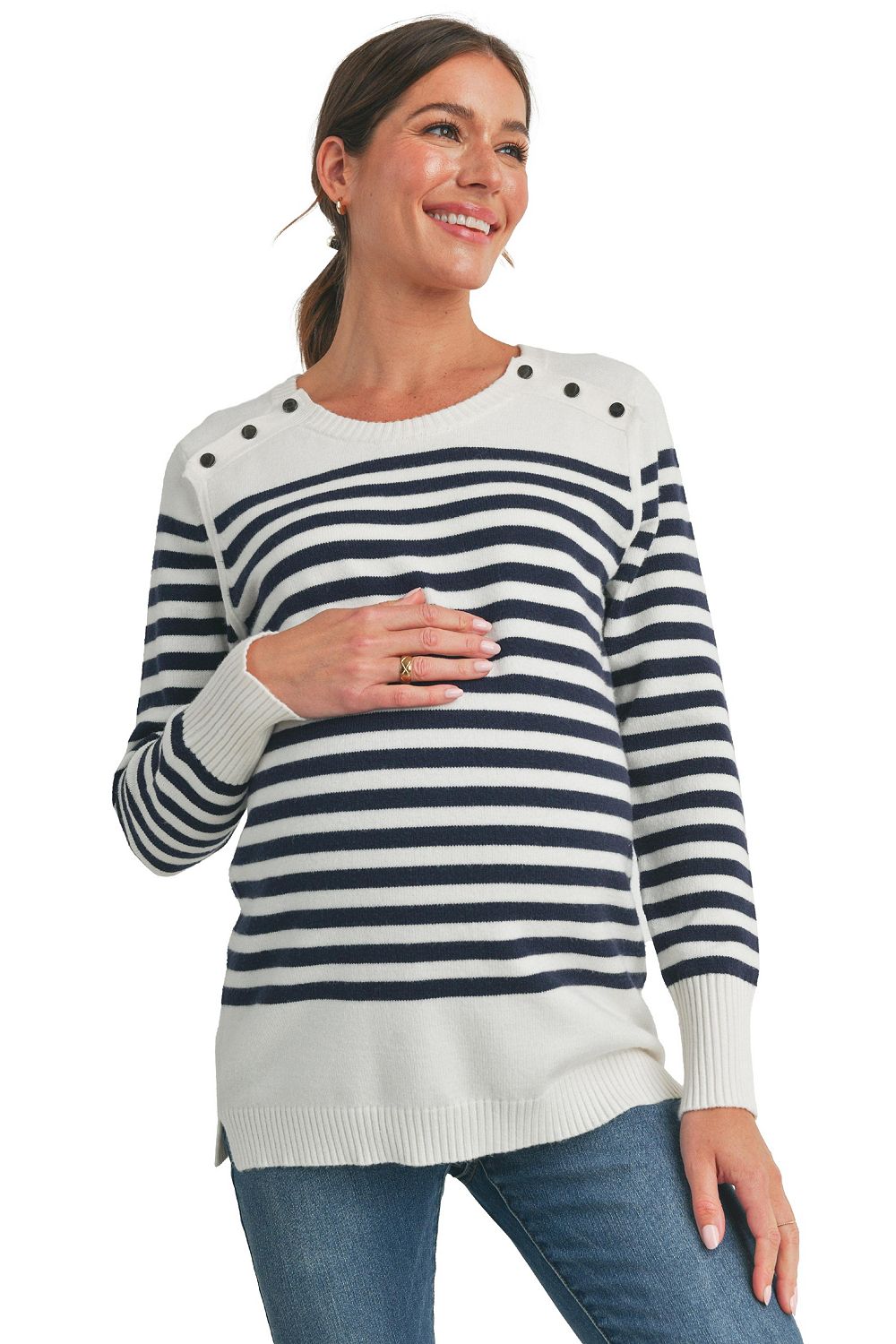 Hello Miz Maternity Striped Button Shoulder Nursing Sweater