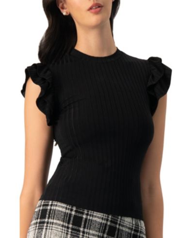 Ivonne Women's Ribbed Straight Top with Ruffles