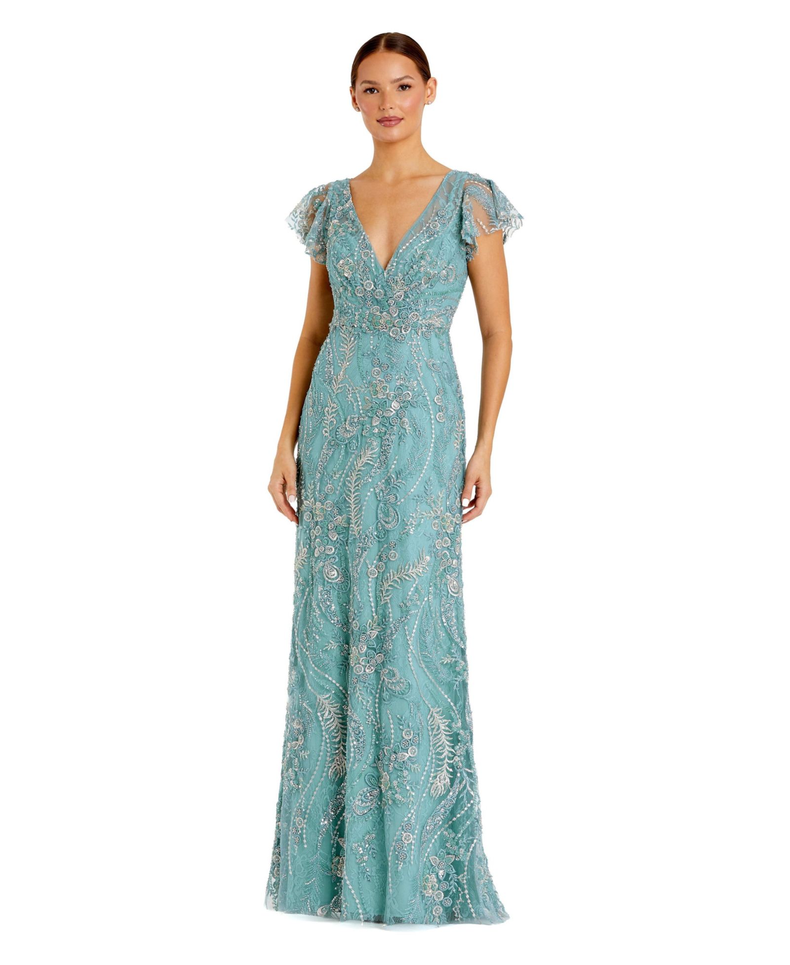 Вечернее платье Mac Duggal Petite V Neck Flutter Sleeve Floral Embroidered