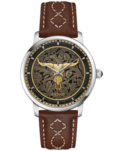 Bulova Мужские часы Hudson Stetson Brown Leather Strap, 39mm