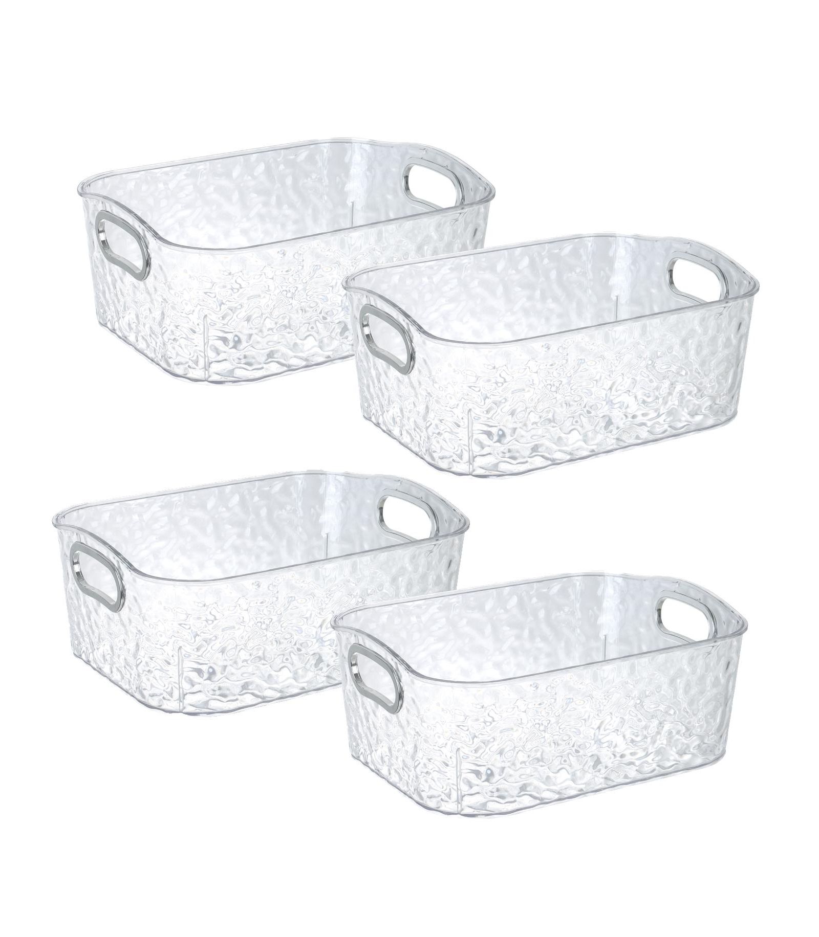 Trio Essentials Home 4 Pack Clear Storage Bins with Silver Handles, Container Bins for Organizing - Bathroom, Kitchen, Pantry, Closet, Vanity