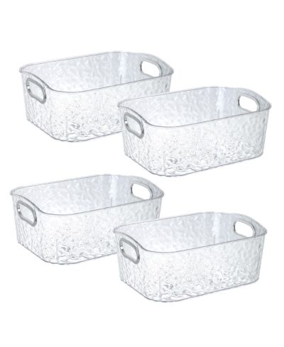 Trio Essentials Home 4 Pack Clear Storage Bins with Silver Handles, Container Bins for Organizing - Bathroom, Kitchen, Pantry, Closet, Vanity