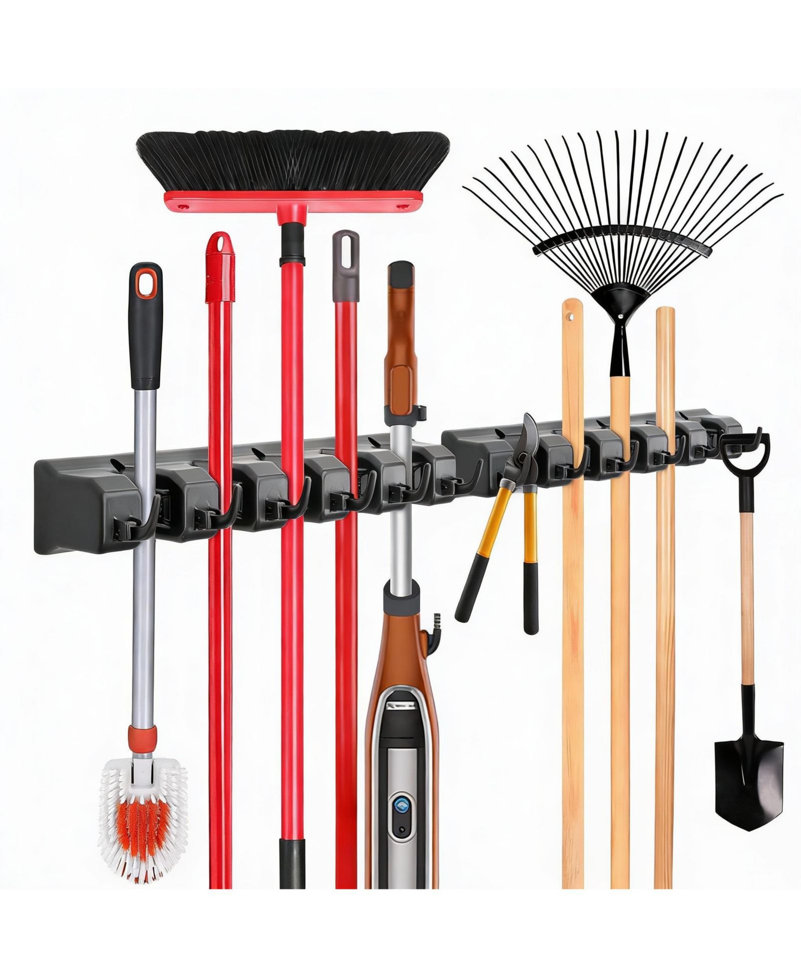 YIGII 5 Ball Slots 6 Hooks Wall Mop & Broom Organizer