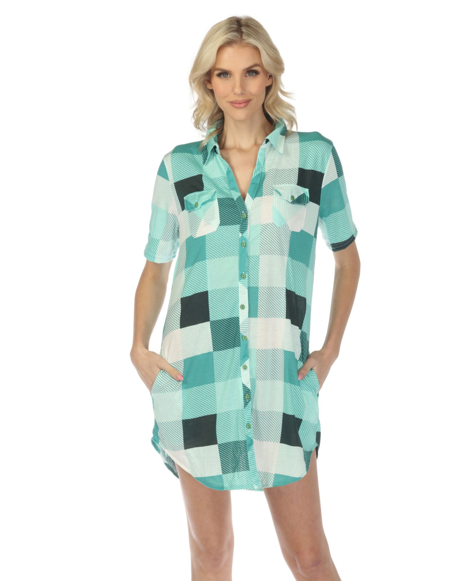 White Mark Women's Short Sleeve Plaid Button-Down Shirt Dress