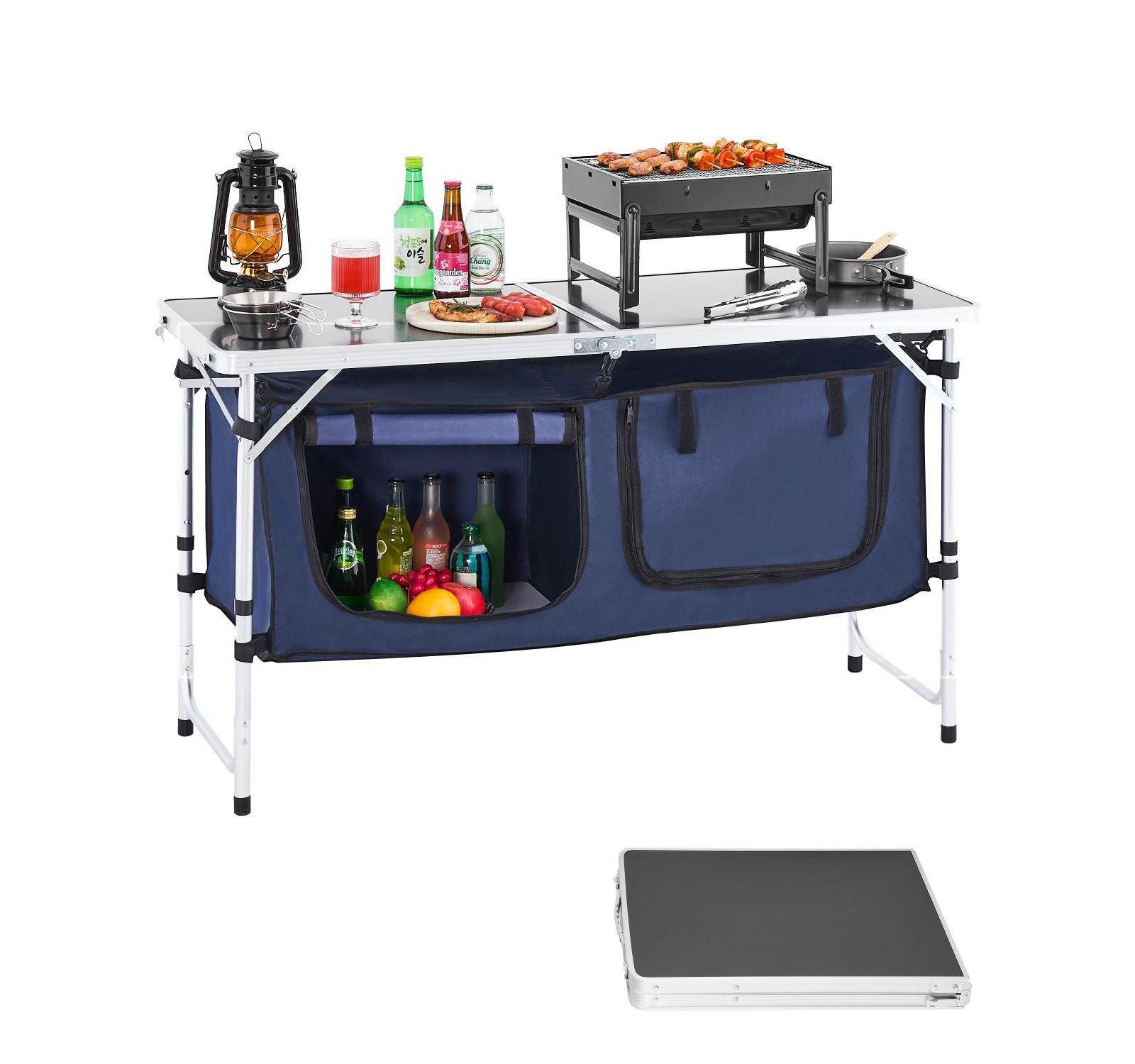 Mecale Camping Kitchen Table - Folding Aluminum Cook Station with Storage & Adjustable Heights