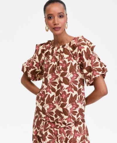 I.N.C. International Concepts Women's Printed Ruffle-Sleeve Top, Macy's Exclusive