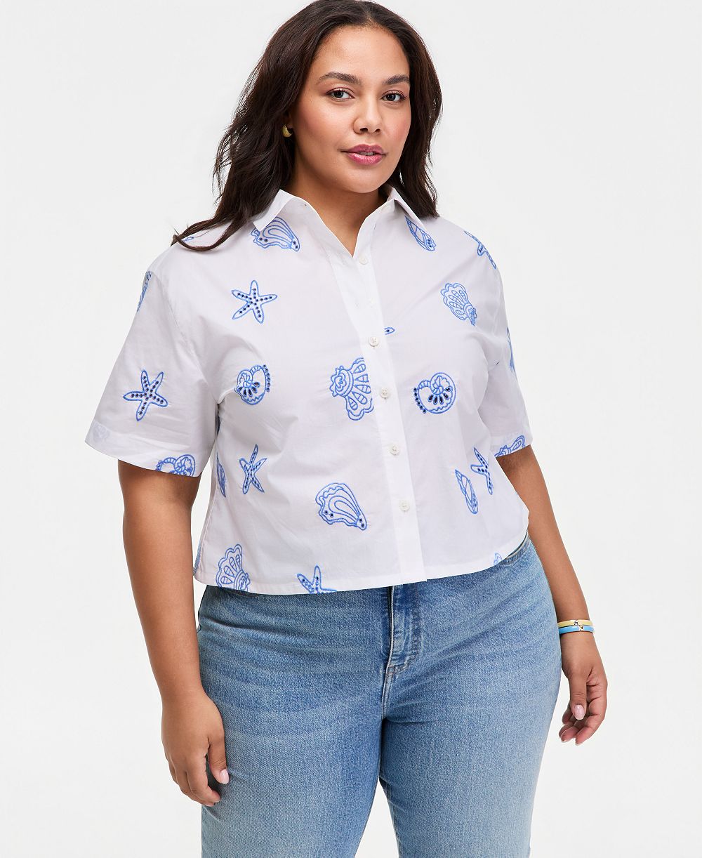 Блузка On 34th Trendy Plus Size из хлопка с вышивкой