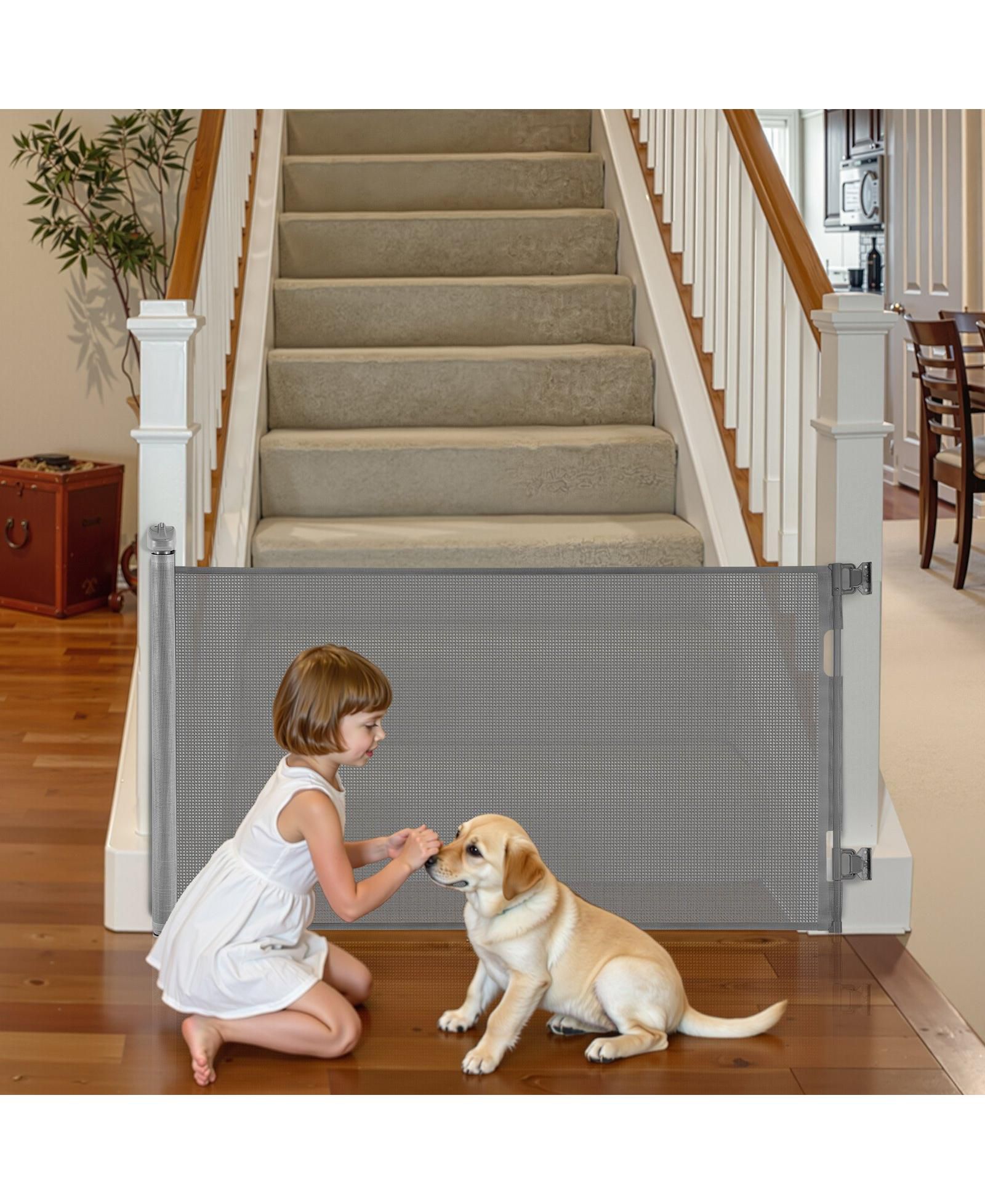 COZITO Retractable Baby Gate, 31.3 in Tall, Extends to 72.8 in Wide, Mesh Dog Gate w/ Security Lock, Trip-Free Walk-Through