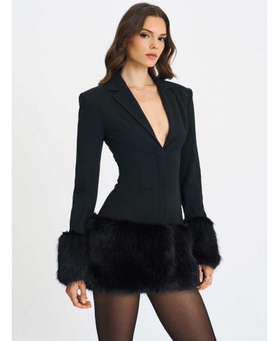 Miss Circle Women Wenona Black Faux Fur Trimmed V-Neck Mini Blazer Dress