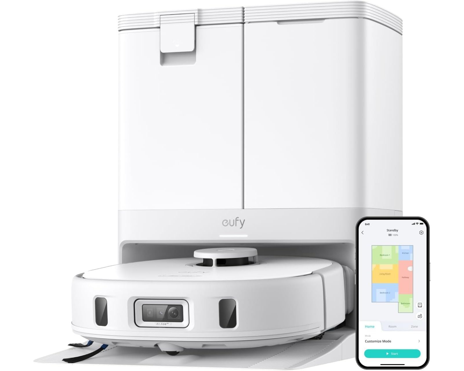 eufy робот-пылесос и поломоечная машина X10 Pro Omni, 8,000 Pa, Dual Mops с автоподъемом 12 мм и обнаружением ковров, AI Obstacle Avoidance
