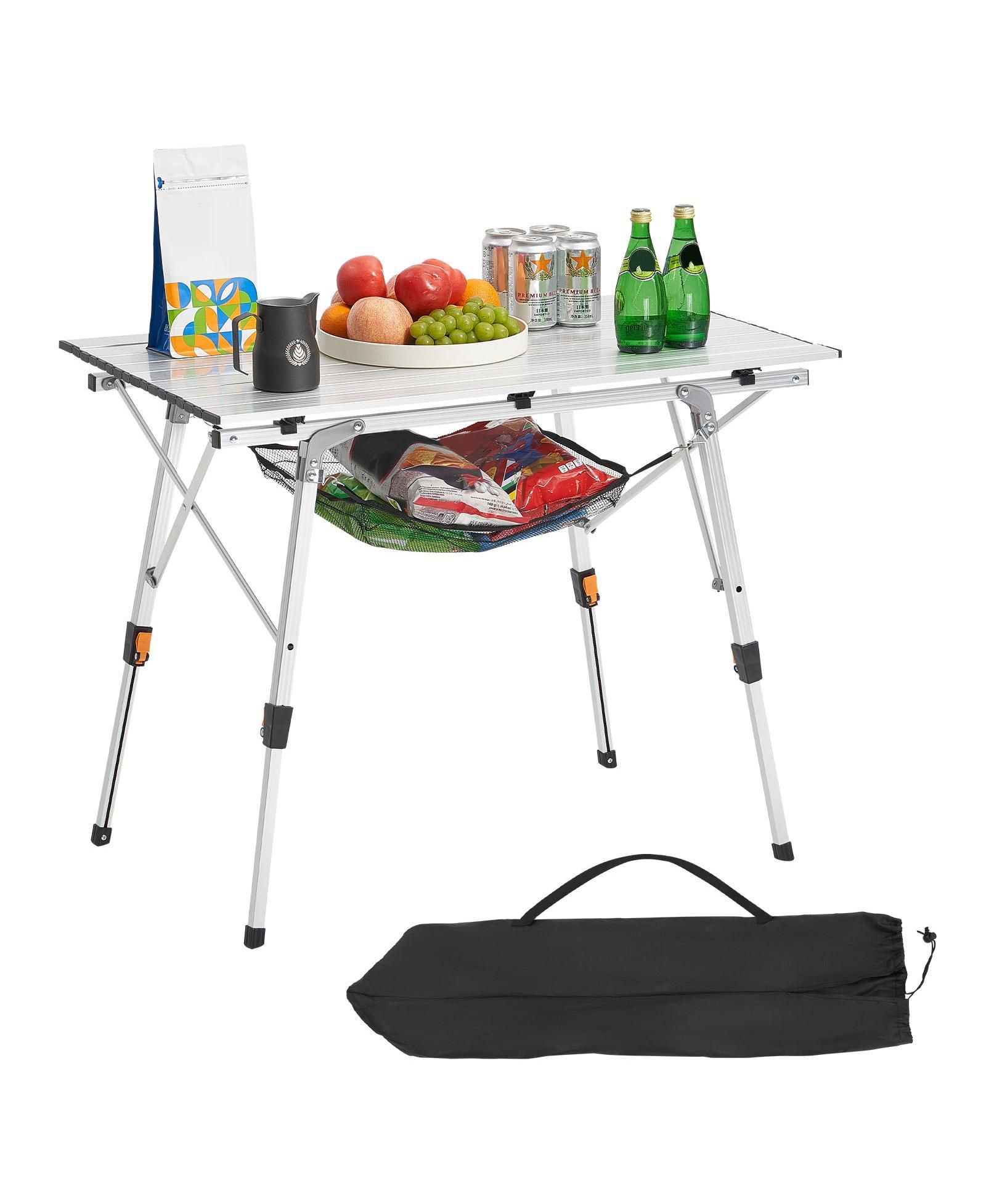 Mecale Roll-Up Folding Camping Table, Adjustable Height Aluminum with Mesh Shelf, Carry Bag