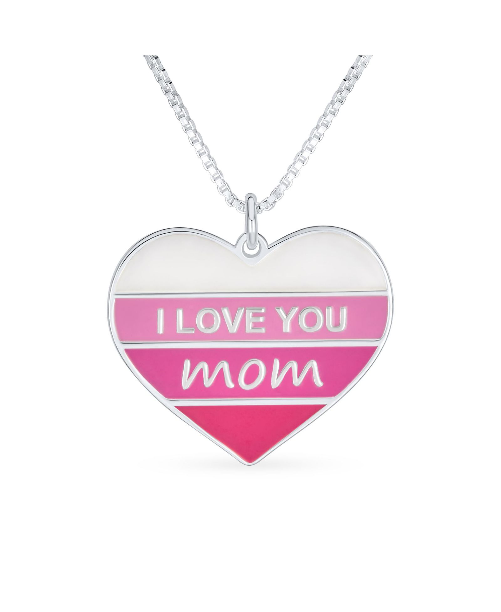 Bling Jewelry Pink Stripe Heart Words I love You Mom Heart Necklace Pendant .925 Sterling Silver