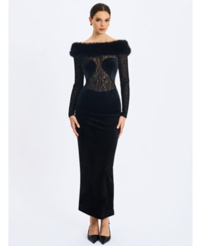 Miss Circle Women's Alexis Black Animal Print Faux Fur Boatneck Maxi Dress