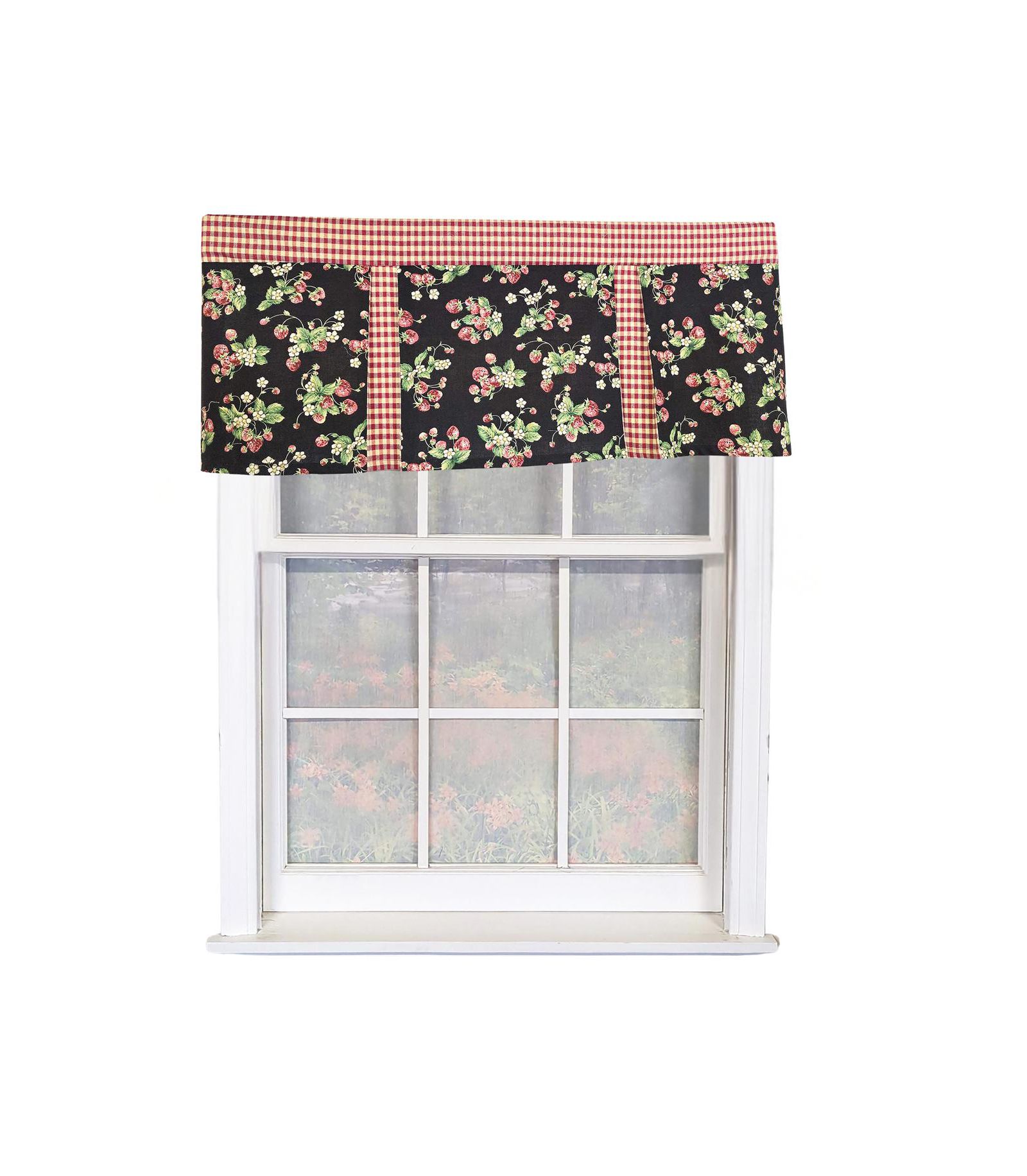 RLF Home Strawberry Pleated 100% Cotton Rod Pocket  Window Valance 50" x 17" Black