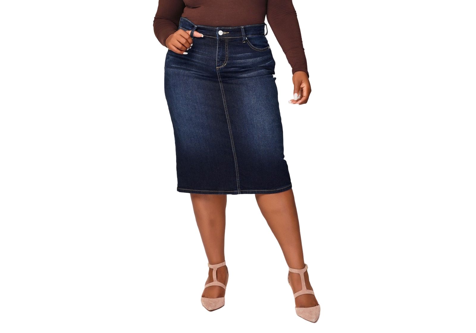 SLINK Jeans Women's Denim Midi Skirt in 28"length with side vents - Emma