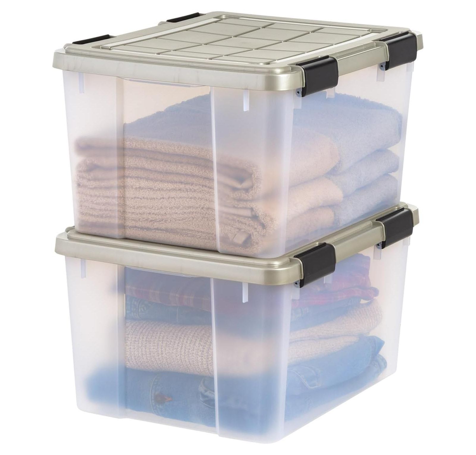 IRIS 44 Qt Storage Bins with Gasket Seal Lid, Clear/Chrome, 2Pk