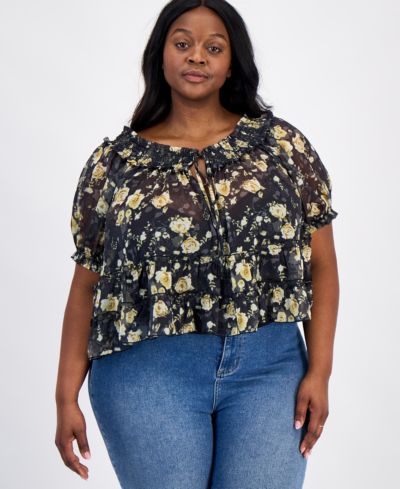 And Now This Trendy Plus Size Tie-Front Puff-Sleeve Top, Macy's Exclusive