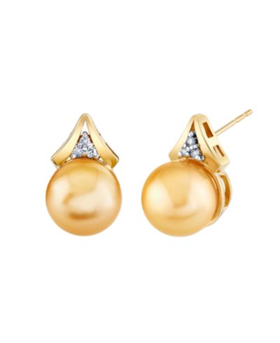 Серьги Macy's с культивированным золотым южным жемчугом (9mm) и бриллиантами в 10k желтом золоте