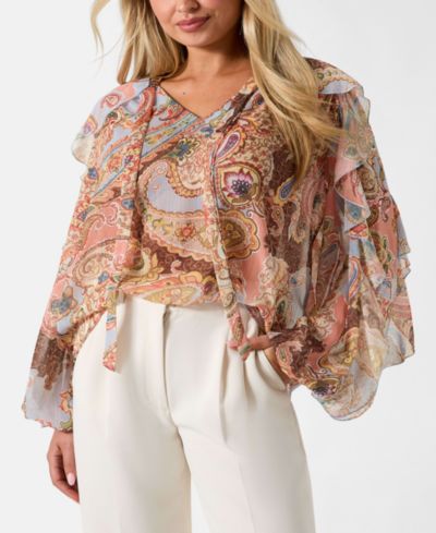 GUESS Women's Paisley Ruffle Long-Sleeve V-Neck Top