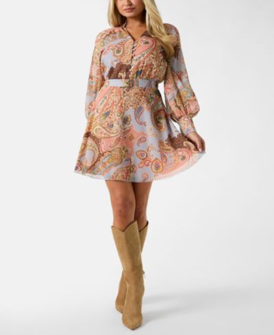 GUESS Women's Long-Sleeve Paisley V-Neck Short Dress