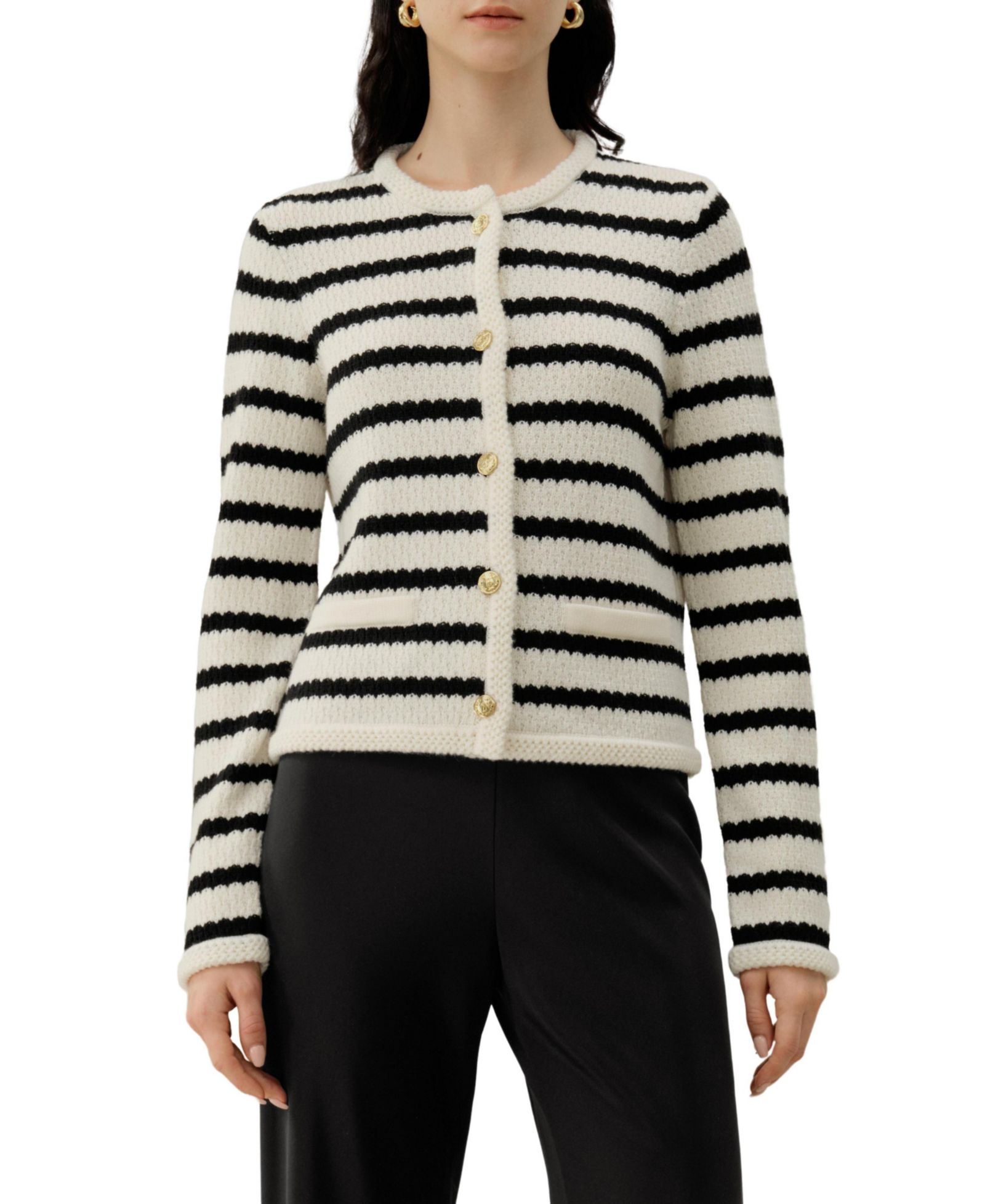 LILYSILK Women's Stripped Crochet Washable-Wool Cardigan