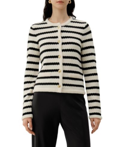 LILYSILK Women's Stripped Crochet Washable-Wool Cardigan