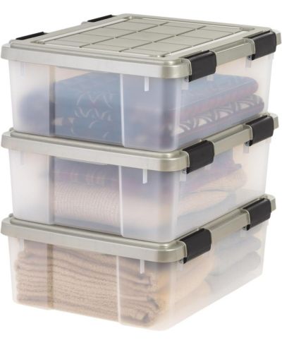 IRIS 27 Qt Storage Bins with Gasket Seal Lid, Clear/Chrome, 3Pk
