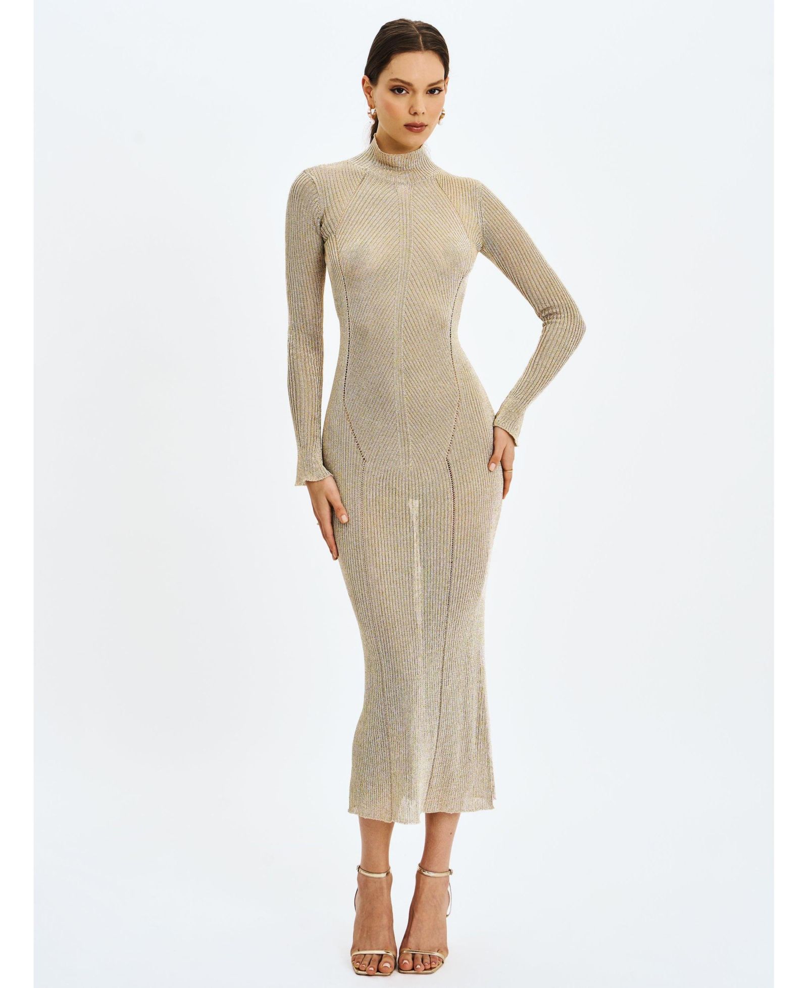 Miss Circle Women's Shay Gold Stretch Knit Backless Long Sleeve Dress