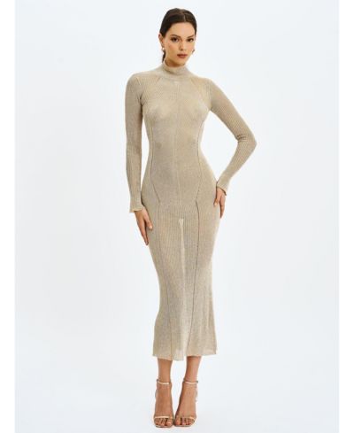 Miss Circle Women's Shay Gold Stretch Knit Backless Long Sleeve Dress