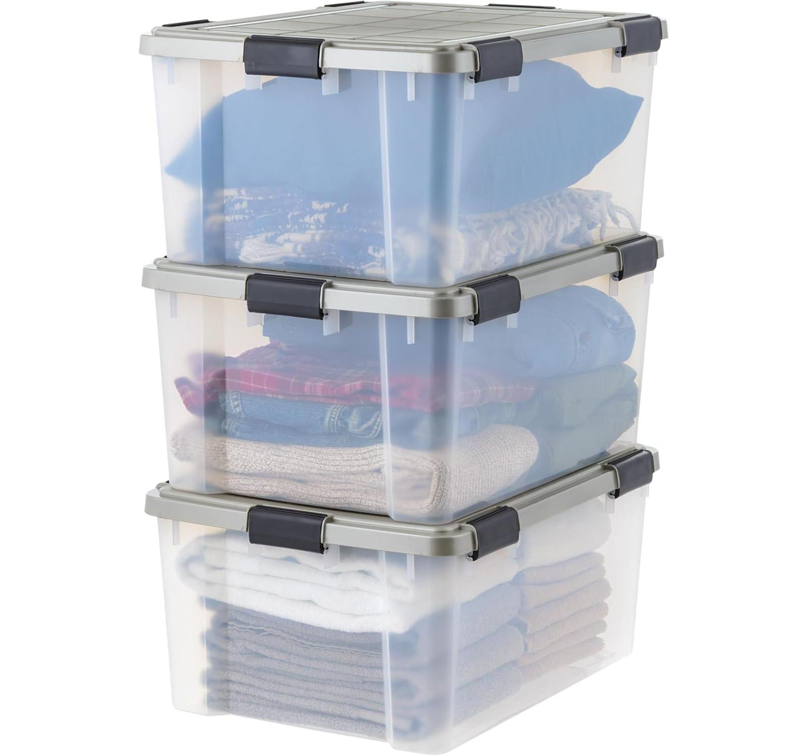 IRIS 60 Qt Storage Bins with Gasket Seal Lid, Clear/Chrome, 3Pk