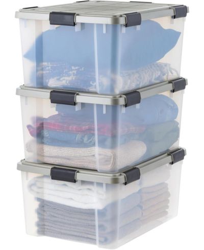 IRIS 60 Qt Storage Bins with Gasket Seal Lid, Clear/Chrome, 3Pk