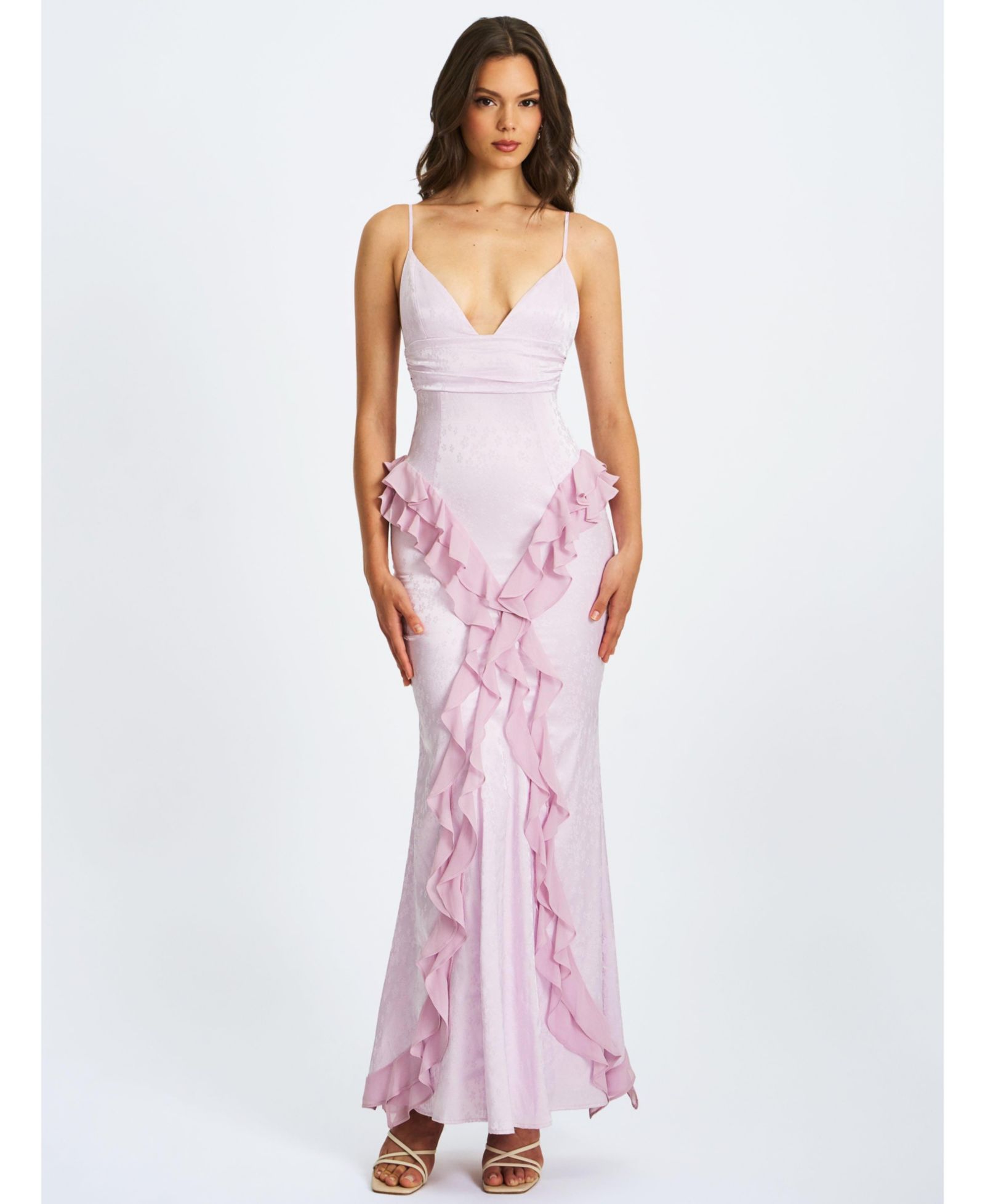 Miss Circle Women's Paolina Taro Pink Jacquard Ruffle Mermaid Maxi Dress