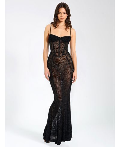 Miss Circle Women's Ulani Black Burnout Velvet Detail Mesh Maxi Dress